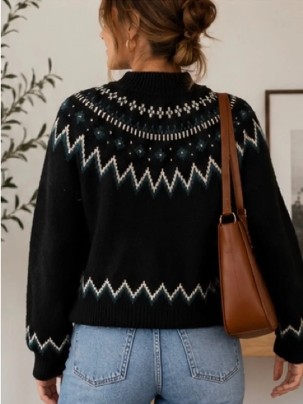 Who What Wear Fair Isle Sweater Black Teal Cream Mock Neck Size M